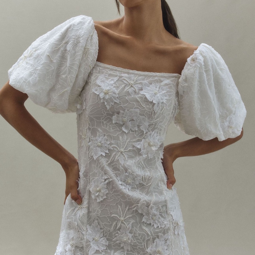 BHLDN 3D Floral Removable Puff-
Sleeve Mini Dress